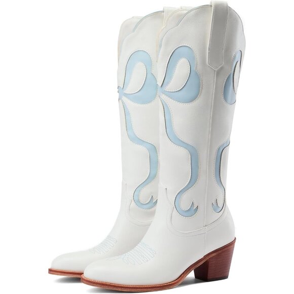 ⚡Women's Light Blue Bow Knee High Almond Toe Chunky Heel Embroidered Boots - Picture 1 of 5